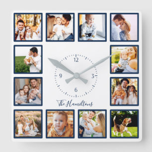 Reloj Cuadrado Collage Chic Azul y Blanco de 12 Fotos de Familia