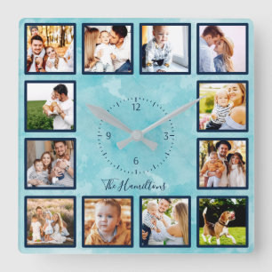 Reloj Cuadrado Collage de 12 fotos de familia Acuarela Azul