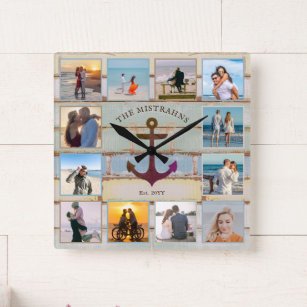 Reloj Cuadrado Collage de 12 fotos de la madera pintada náutica