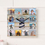 Reloj Cuadrado Collage de 12 fotos de la madera pintada náutica<br><div class="desc">Este diseño de ancla náutica presenta un fondo de madera de varios colores y templado con espacio para 12 fotos. Haga clic en el botón personalizar para obtener más flexibilidad en la modificación/adición de texto y elementos de diseño. En nuestra tienda, zazzle.com/store/doodlelulu, encontrará variantes de este diseño y productos de...</div>