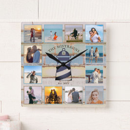 Reloj Cuadrado Collage de 12 fotos de la madera pintada náutica