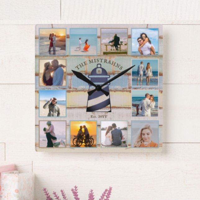 Reloj Cuadrado Collage de 12 fotos del faro náutico de madera de  (Subido por el creador)