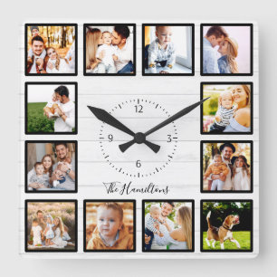 Reloj Cuadrado Collage de 12 Fotos Familia Madera Blanca