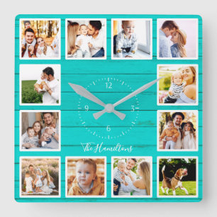 Reloj Cuadrado Collage de 12 fotos familiares Madera Verde Teal