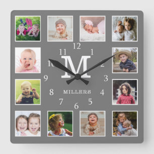 Reloj Cuadrado Collage de 12 fotos personalizadas con monograma d