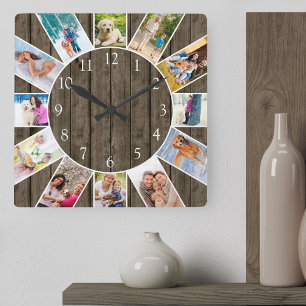 Reloj Cuadrado Collage de 12 fotos personalizadas de madera oscur