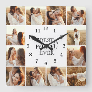 Reloj Cuadrado Collage de 12 fotos personalizadas elegantes y lin