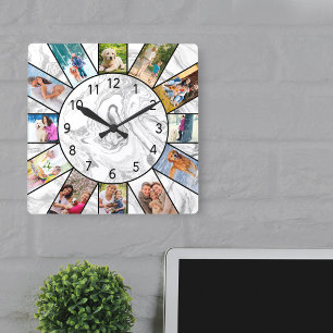 Reloj Cuadrado Collage de 12 fotos personalizadas mármol gris bla
