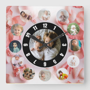 Reloj Cuadrado Collage de 13 fotos nombre personalizado rosy