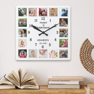 Reloj Cuadrado Collage de 16 fotos personalizadas Familia Cita Bl