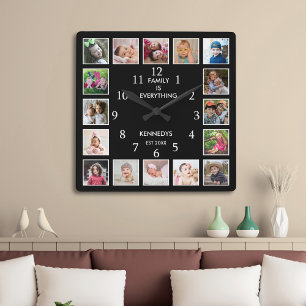Reloj Cuadrado Collage de 16 fotos personalizadas Familia Cotizac