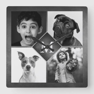 Reloj Cuadrado Collage de 4 Fotos Familiares Monograma en Pizarra