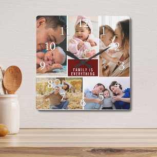 Reloj Cuadrado Collage de 5 fotos modernas familia es todo cita
