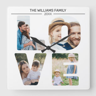 Reloj Cuadrado Collage de amor personalizado de foto familiar de