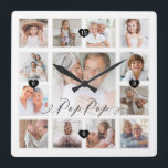 Reloj Cuadrado Collage de cuadrícula de fotos de la familia de gu<br><div class="desc">Un hermoso regalo personalizado para tu Pop Pop que apreciará en los años venideros. Cuenta con un moderno diseño de fotografia de trece cuadros para mostrar 13 de sus propios recuerdos de fotos familiares especiales. "Pop Pop" diseñado en un hermoso estilo de escritura negra manuscrita. Cada foto está enmarcada con...</div>