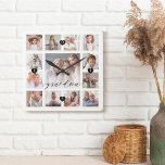 Reloj Cuadrado Collage de cuadrícula de fotos de memoria de la fa<br><div class="desc">Un hermoso regalo personalizado para tu abuela que ella apreciará en los años venideros. Cuenta con un moderno diseño de fotografia de 13 cuadros para mostrar 13 de sus propios recuerdos de fotos familiares especiales. "Abuela" diseñada en un hermoso estilo de escritura negra manuscrita. Cada foto está enmarcada con un...</div>