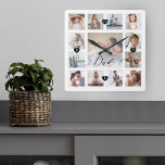 Reloj Cuadrado Collage de cuadrícula de fotos de memoria de la fa<br><div class="desc">Un hermoso regalo personalizado para tu padre que apreciará en los años venideros. Cuenta con un moderno diseño de fotografia de 13 cuadros para mostrar 13 de sus propios recuerdos de fotos familiares especiales. "Papá" diseñado en un hermoso estilo de escritura negra manuscrita. Cada foto está enmarcada con un simple...</div>