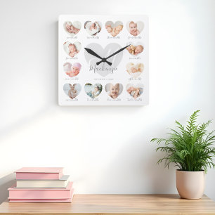 Reloj Cuadrado Collage de foto de Keepsake en el primer año del c