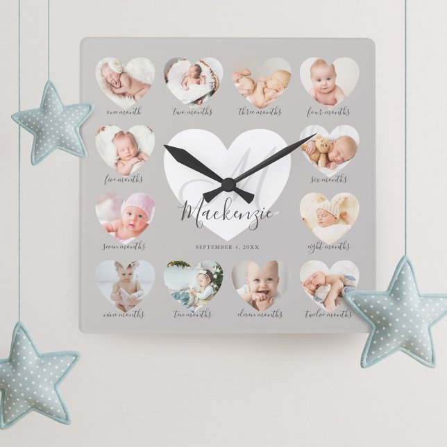 Reloj Cuadrado Collage de foto de Keepsake en el primer año del c (Subido por el creador)
