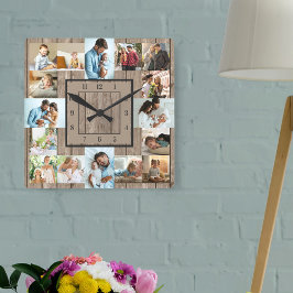 Reloj Cuadrado Collage de fotos 16 Imagen Madera Rústica Numerada