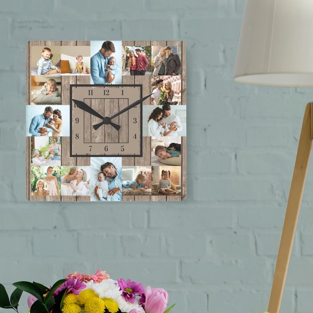 Reloj Cuadrado Collage de fotos 16 Imagen Madera Rústica Numerada (Designer photo clock with photo collage of square, landscape and vertical pictures)
