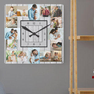 Reloj Cuadrado Collage de fotos 16 imagenes madera blanqueada num