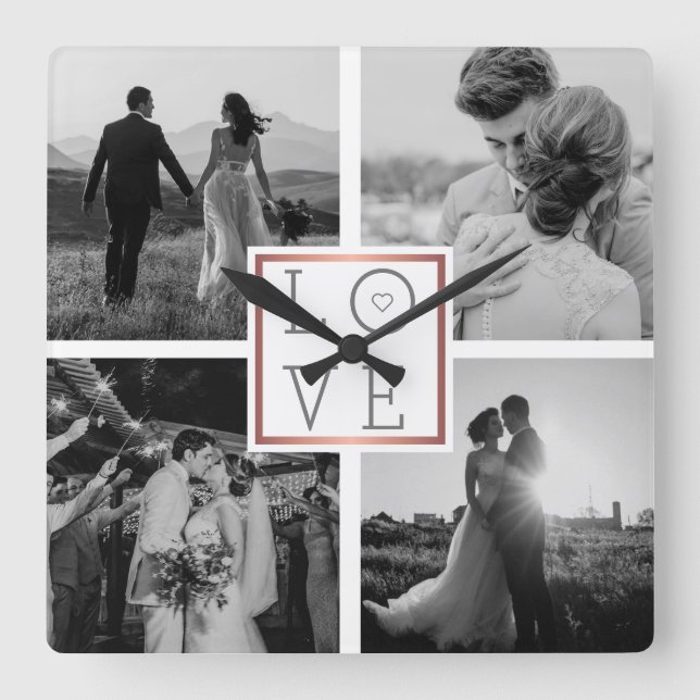Reloj Cuadrado Collage de fotos boda Amor Negro y Blanco (Anverso)