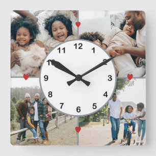 Reloj Cuadrado Collage de fotos con corazones lindos