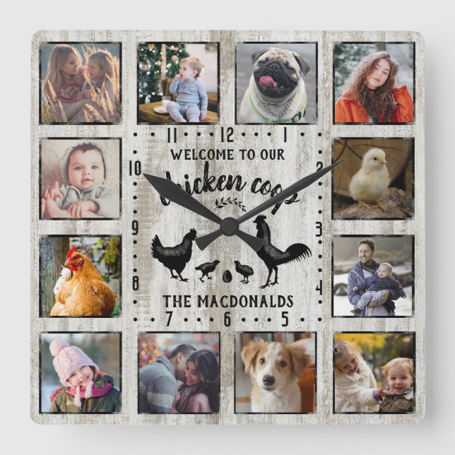 Reloj Cuadrado Collage de fotos de Coop de pollo de granja rústic (Anverso)