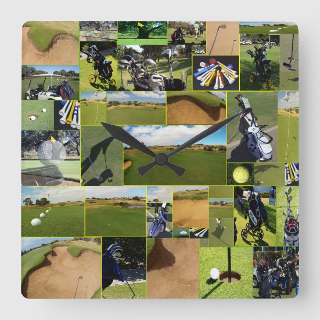 Reloj Cuadrado Collage de fotos de golf, (Anverso)