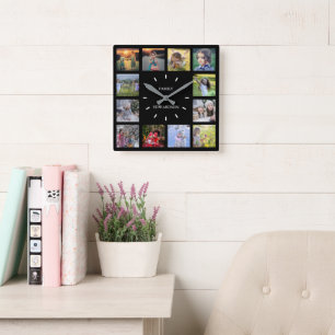 Reloj Cuadrado Collage de fotos de la familia negra moderna nombr