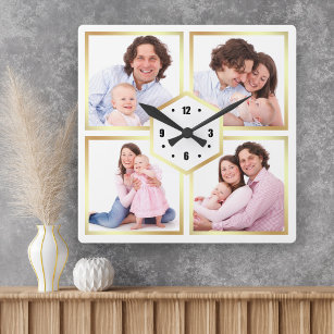 Reloj Cuadrado Collage de fotos de la familia White and Gold 4 Pi