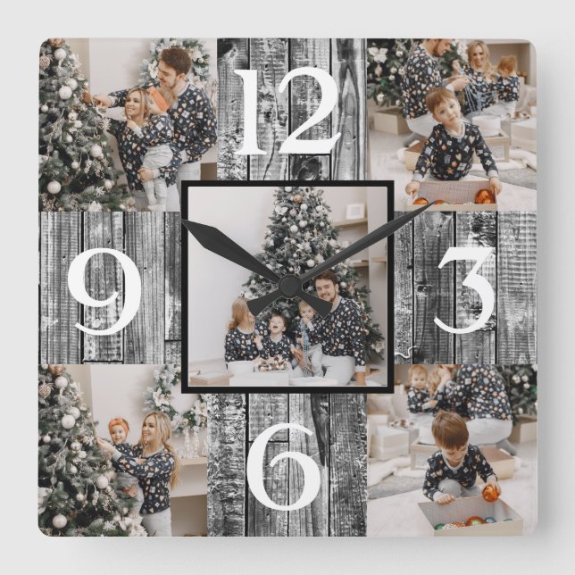 Reloj Cuadrado Collage de fotos de Personalizado de Rustic Farmho (Anverso)
