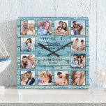 Reloj Cuadrado Collage de fotos de presupuesto familiar de madera<br><div class="desc">Crea fácilmente tu propio reloj de pared estilo casa-lago de tablas de marisco rústico azul personalizado con tus fotos personalizados. El diseño también incluye una hermosa cita manuscrita: "Juntos lo tenemos todo". Para obtener los mejores resultados, recortar las imágenes a cuadrado - con el punto de enfoque en el centro...</div>