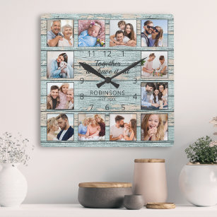 Reloj Cuadrado Collage de fotos de presupuesto familiar de madera