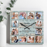 Reloj Cuadrado Collage de fotos de presupuesto familiar de madera<br><div class="desc">Crea fácilmente tu propio reloj de pared estilo casa-lago de tablas de marisco rústico azul personalizado con tus fotos personalizados. El diseño también incluye una hermosa cita manuscrita: "Juntos lo tenemos todo". Para obtener los mejores resultados, recortar las imágenes a cuadrado - con el punto de enfoque en el centro...</div>