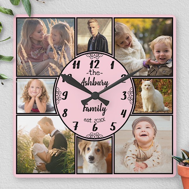Reloj Cuadrado Collage de fotos familiar 8 Imagen Óval rosa de In (Subido por el creador)