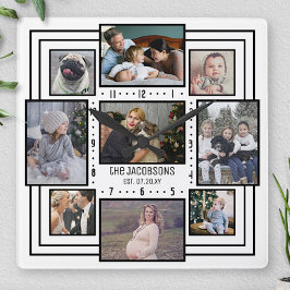 Reloj Cuadrado Collage de fotos Familiar 9 Imágenes Nombre Blanco