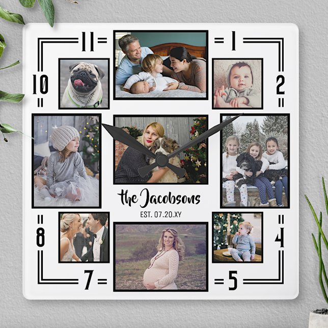 Reloj Cuadrado Collage de fotos familiar 9 Nombre de tira negra b (Subido por el creador)