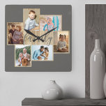 Reloj Cuadrado Collage de fotos familiar Madera Gris cálido borde<br><div class="desc">Collage de fotos familiares con 6 de tus fotos favoritas, caligrafía y apariencia de madera clara. La plantilla de fotos está lista para que agregue sus fotos, que se muestran en formato horizontal y vertical. El color de fondo y la palabra "familia" son de color gris cálido y se puede...</div>