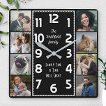 Reloj Cuadrado Collage de fotos familiar negro y blanco Art Deco<br><div class="desc">Haz tu propio reloj de collage de fotos personalizado con esta plantilla fácil. Este reloj cuadrado y elegante tiene números blancos alineados en el medio en un rectángulo largo de estilo deco y un fondo negro claro que puedes "personalizar" a cualquier imagen o color que quieras. A lo largo de...</div>