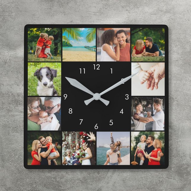 Reloj Cuadrado Collage de fotos familiar personalizado 12 negro (Personalized 12 Family Photo Collage Black Square Wall Clock)
