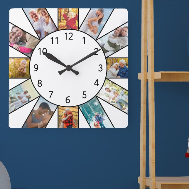 Reloj Cuadrado Collage de fotos familiar personalizado blanco (Photo clock with 12 photos, one at each hour. Great design for your home or a thoughtful photo gift.)
