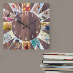 Reloj Cuadrado Collage de fotos familiar personalizado Madera cál<br><div class="desc">Reloj de fotos cuadrado personalizado con tus fotos favoritas. La plantilla de fotos está preparada para que añada 12 de sus imágenes trabajando en el sentido de las agujas del reloj desde arriba. Este cálido diseño de madera marrón, de números blancos, luce muy bien con una decoración tradicional y campestre....</div>