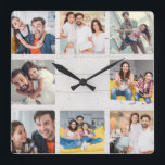 Reloj Cuadrado Collage de fotos familiar personalizado Madera Rus<br><div class="desc">Familia personalizado 8 - Collage de fotos sobre un fondo rústico blanco de madera "shiplap". Gran regalo personalizado para el Día del Padre, el Día de la Madre, o como regalo para las abuelas y los abuelos por cumpleaños o vacaciones familiares. Actualiza con tus 8 fotos favoritas y esto será...</div>