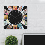 Reloj Cuadrado Collage de fotos familiar personalizado negro<br><div class="desc">Reloj de fotos personalizado con sus propias fotos de personalizados. La plantilla de fotos está preparada para que añadas 12 de tus fotos favoritas trabajando en el sentido de las agujas del reloj desde arriba. Sencillo y fresco, este diseño negro con números blancos luce muy bien con una decoración moderna...</div>