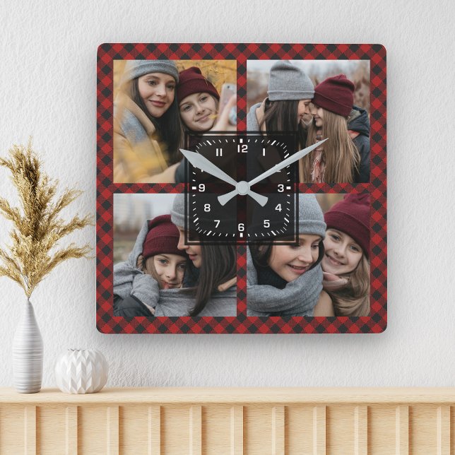 Reloj Cuadrado Collage de fotos familiar Red Buffalo Plaid Lumber (Subido por el creador)