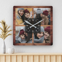 Reloj Cuadrado Collage de fotos familiar Rustic Barn Wood 4 Pictu