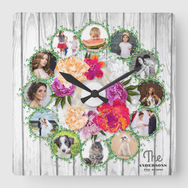 Reloj Cuadrado Collage de fotos familiares alrededor del ramo de  (Anverso)