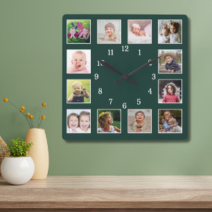 Reloj Cuadrado Collage de fotos minimalista 12 Familia Verde Bosq